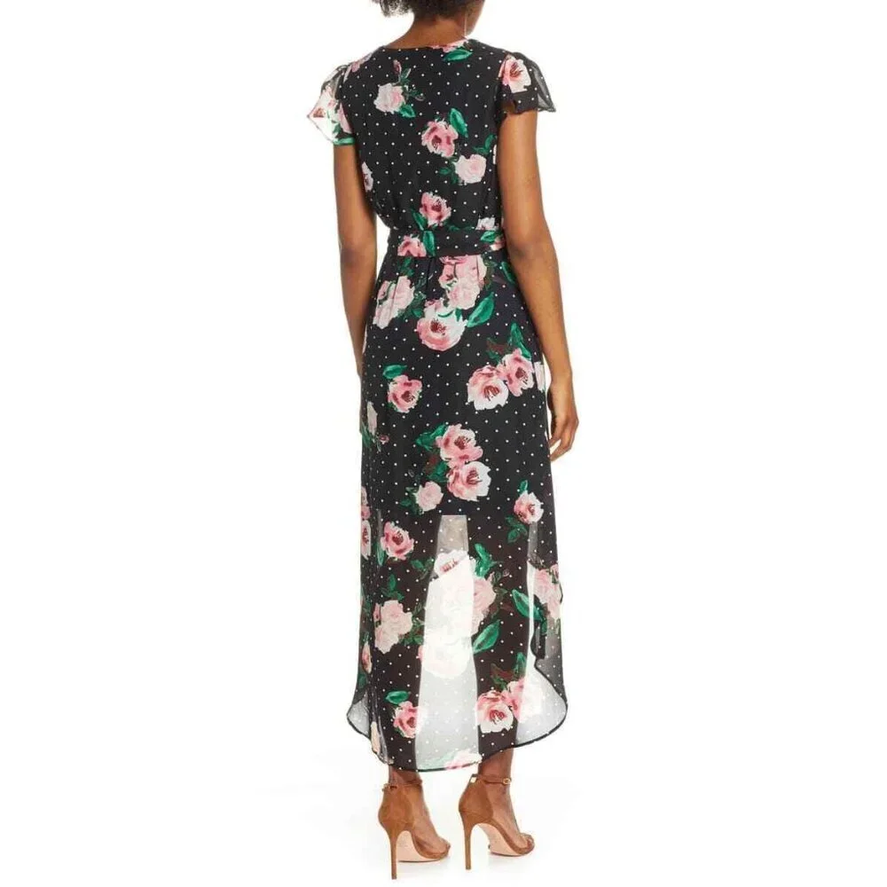 Julia Jordan Faux Wrap Dress Black Dots Pink Floral High Low Chiffon SZ 6 NWT - Picture 2 of 6